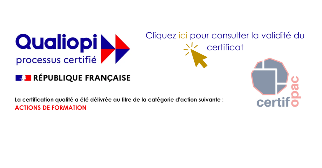 Certification Qualiopi – processus certifié, République Française, délivrée par Certifopac au titre des actions de formation