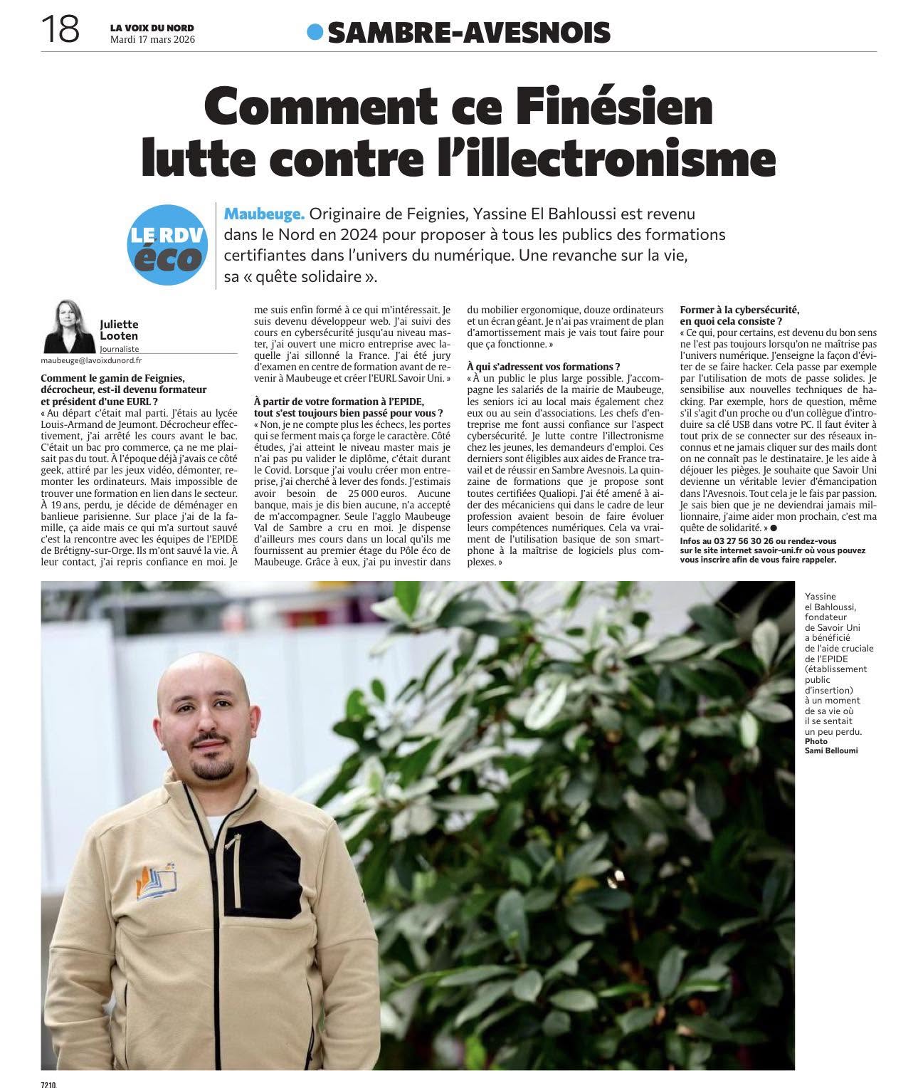 Article de La Voix du Nord consacré à Yassine El Bahloussi et Savoir Uni